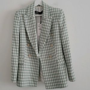 Zara Mint Green Double Breasted Houndstooth Blazer NWT